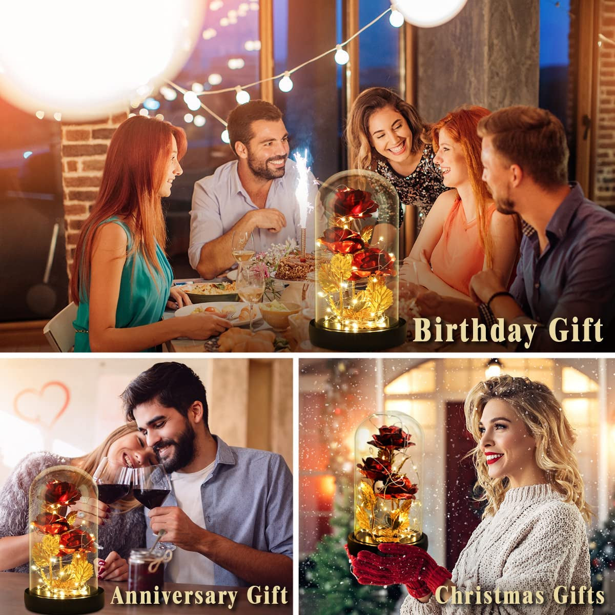 Christmas Flower Gifts for Women,Anniversary Rose Galaxy Flower Rose in Glass Dome,Light up Rose Flowers with 2 Light Modes, Enchanted Rose Gifts for Women for Christmas Birthday Valentines Wedding